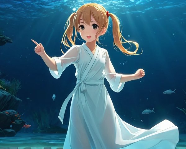 Young girl in white robe gracefully underwater with fish