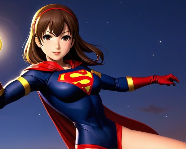 Superheroine in Blue and Red Costume at Twilight