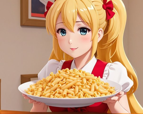 Cheerful anime girl with pasta in cozy dining setting
