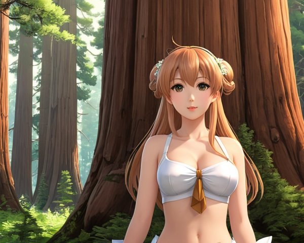 Serene Forest Scene with Young Woman in White Outfit