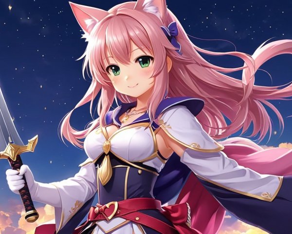 Anime Catgirl Character with Pink Hair and Green Eyes