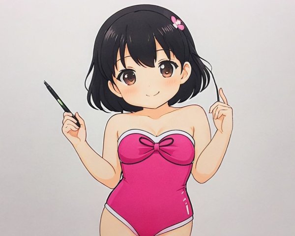 Anime Character in Pink Swimsuit with Green Pen