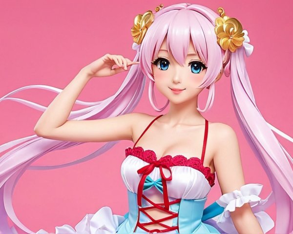 Stylized female character with pink hair and colorful dress
