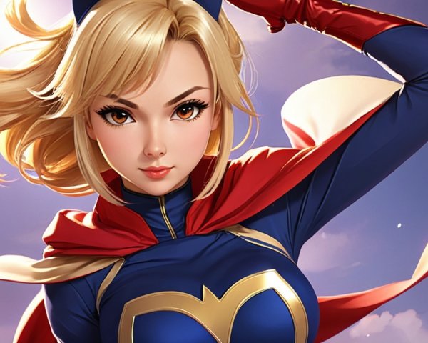 Confident Superheroine in Blue and Gold Suit