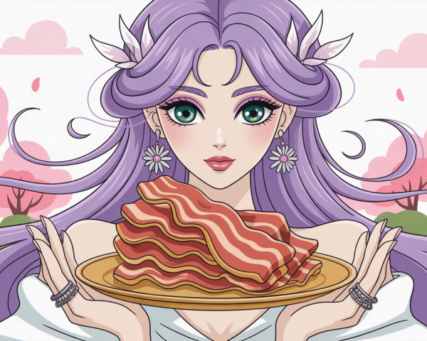 Elegant Anime Goddess with Purple Hair and Bacon