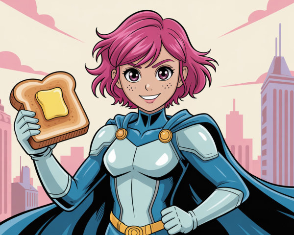 Anime-style superheroine with pink hair and toast