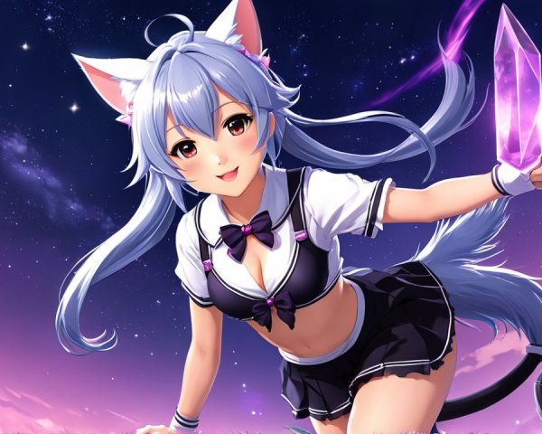 Anime girl with cat ears in starry night scene