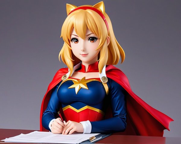 Superheroine Figure at Desk with Pen and Vibrant Outfit