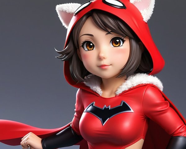 Stylized female character in red hooded costume