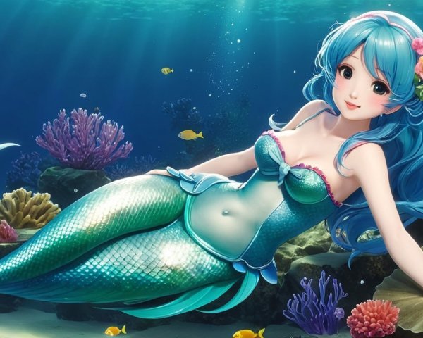 Mermaid with Blue Hair in Serene Underwater Scene