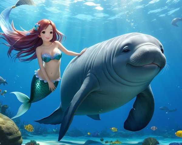 Vibrant Underwater Scene with Mermaid and Manatee