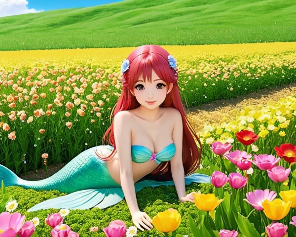 Mermaid with Red Hair in Colorful Flower Field