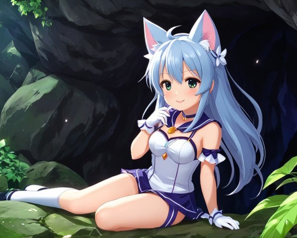 Cute anime character with blue hair in a forest