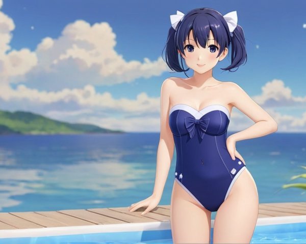 Cheerful anime girl by sparkling pool in navy swimsuit