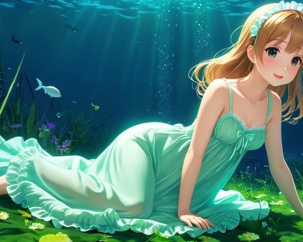 Underwater Scene with a Girl in Green Dress