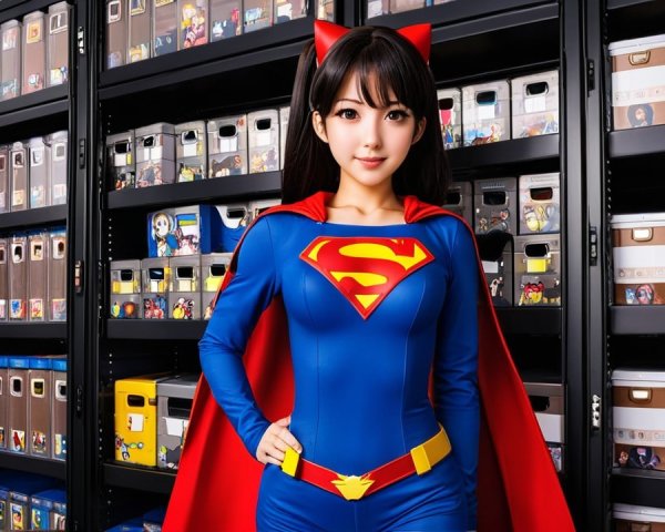 Vibrant Blue Superhero Character with Collectibles Display