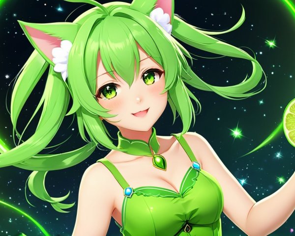 Anime Character with Green Hair and Cat Ears