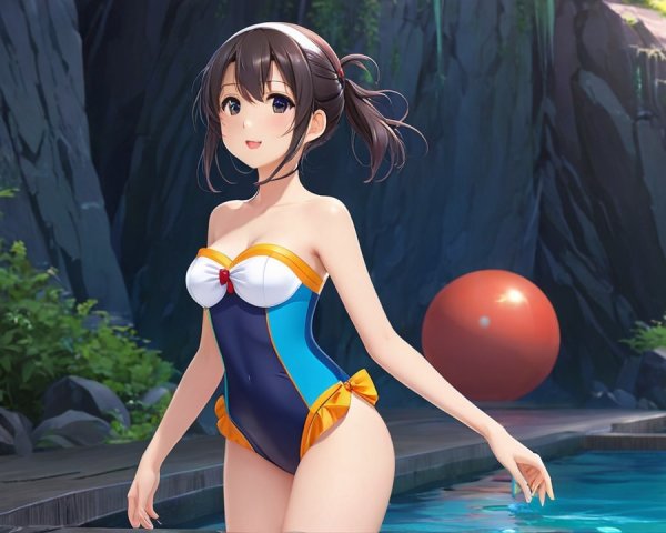 Young girl in colorful swimsuit by serene pool