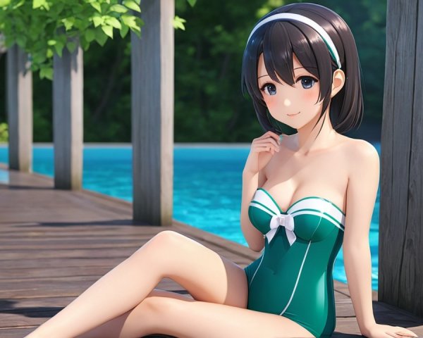 Young girl in green swimsuit by sparkling blue pool