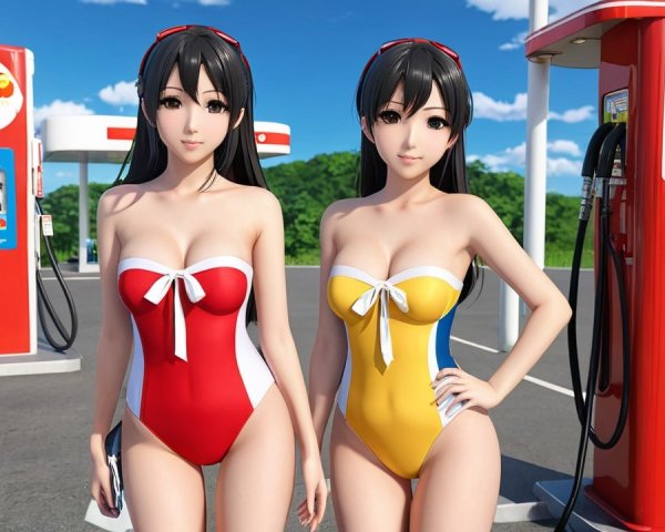 Animated Characters at a Gas Station in Swimsuits