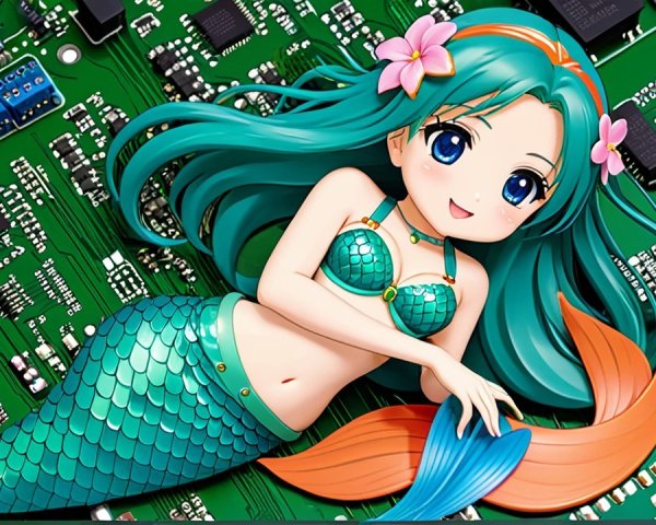 Mermaid Illustration on Circuit Board with Vibrant Details