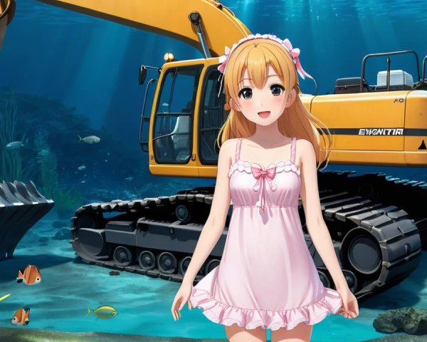 Anime Girl in Pink Nightgown Underwater with Fish