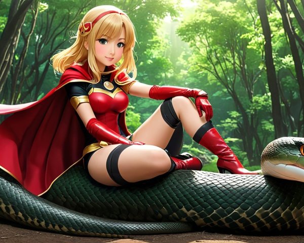 Heroic Character on Snake in Lush Forest Setting