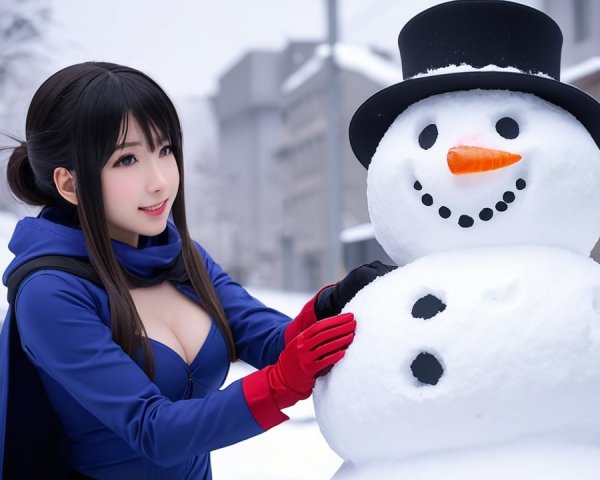 Young Woman and Snowman in Winter Wonderland Scene