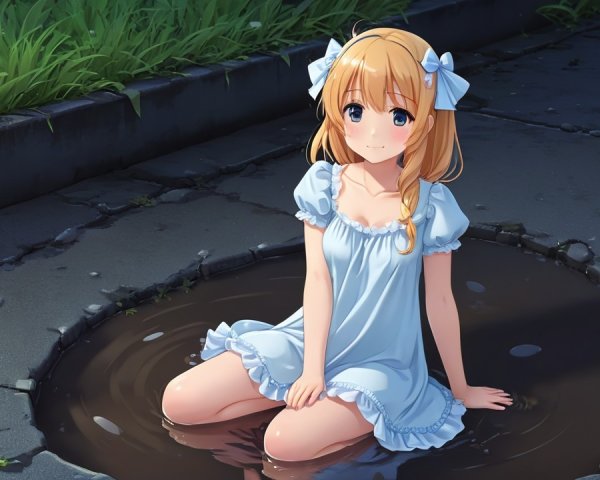 Young Girl in Blue Dress Playing in Puddle on Pavement