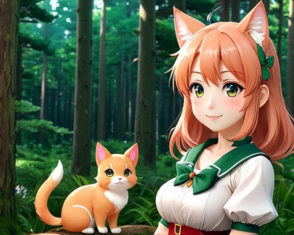 Girl with Orange Hair and Cat Ears in Forest Setting