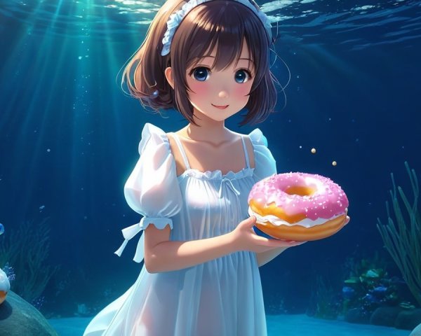 Young girl underwater with donuts and vibrant plants