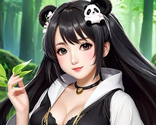 Young woman with panda accessories in forest setting