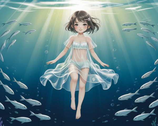 Anime-style underwater scene with a girl and fish