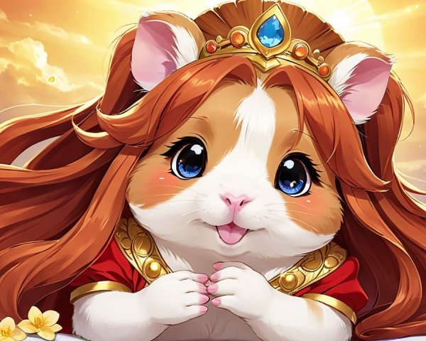 Whimsical Cartoon Guinea Pig in Regal Outfit and Crown