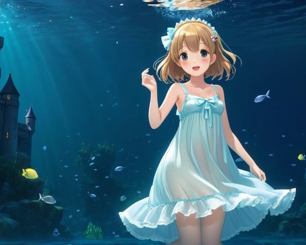 Underwater Scene with Girl, Fish, and Castle