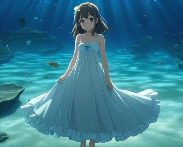 Young girl in light blue dress underwater with marine life