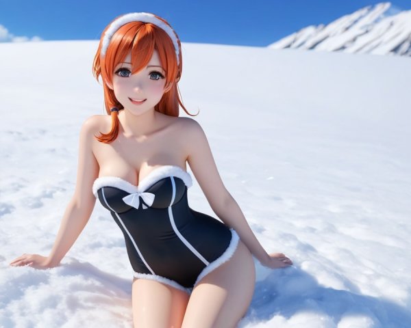 Character in Swimsuit Amid Snowy Mountain Landscape