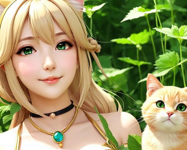 Young woman with cat-like features in green foliage