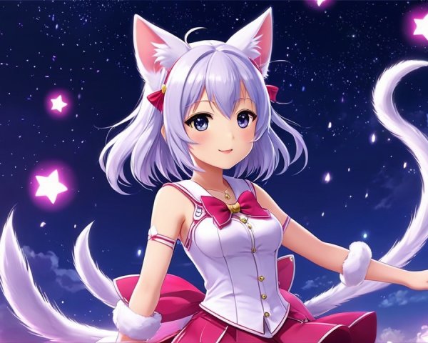 Anime Character with Cat Ears in Starry Sky