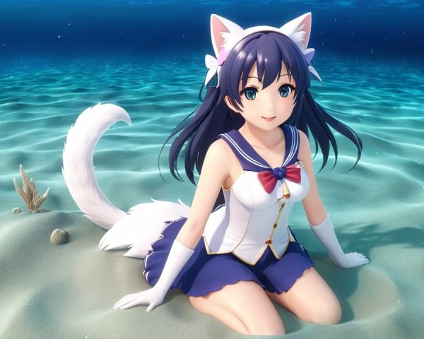 Anime Girl with Cat Ears in Underwater Scene