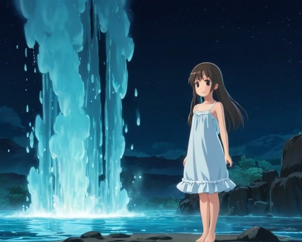 Young girl by waterfall under starry night sky
