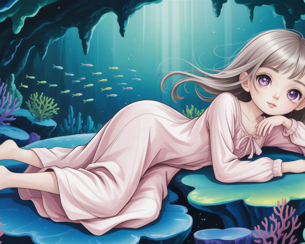 Anime-style digital painting of a girl underwater