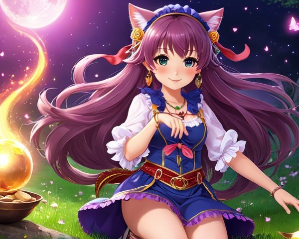 Charming character with purple hair in magical setting
