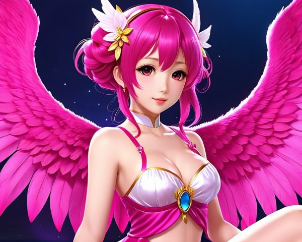 Fantastical character with pink hair and shimmering wings