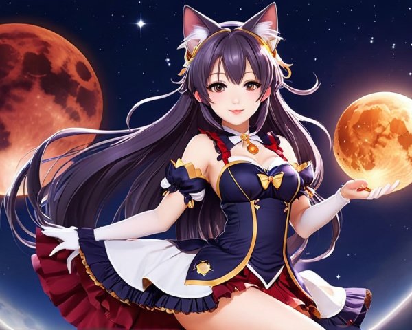 Character with Purple Hair and Cat Ears in Night Sky