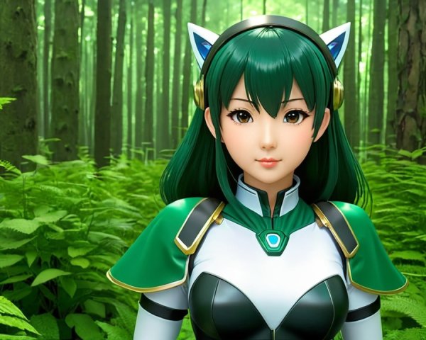 Digital character with green hair in a forest setting