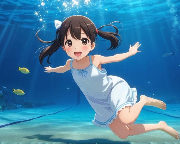Cheerful anime character swimming in vibrant underwater scene