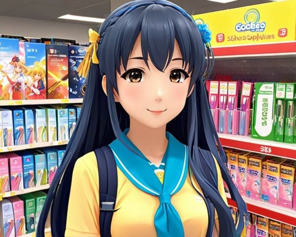 Young female character in colorful stationery store