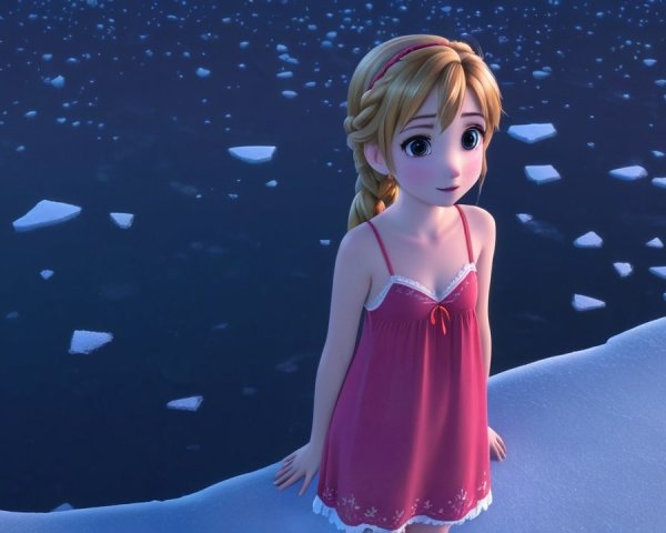 Young girl in pink dress on icy landscape edge