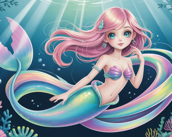 Anime Mermaid with Pink Hair and Rainbow Tail in Ocean